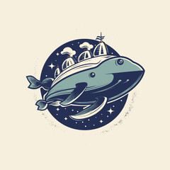  Emblem-style, 2D vector logo featuring a whale gracefully riding a rocket. Focus on clean lines and minimal details to convey a sense of adventure and playfulness. Generative AI