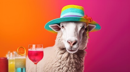 Sheep with hat and cocktail