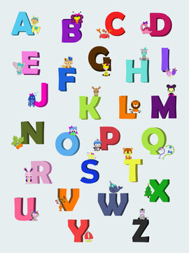 ABC with cartoon animals. Animal alphabet. Letters from A to Z. . Different animals. Alphabet poster with cute animal characters. First alphabet for kids education and learning skills