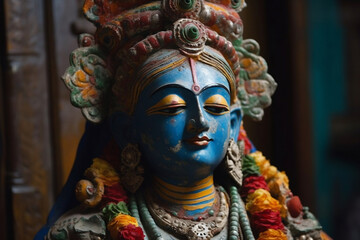 Close-up of colorful statue of vishnu hindu god in temple. Saraswati devi Goddess, Happy Vasant Panchami Indian festival, Goddess Maa Saraswati, Indian God. Created with Generative AI Technology. - obrazy, fototapety, plakaty