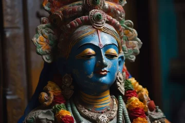 Tuinposter Close-up of colorful statue of vishnu hindu god in temple. Saraswati devi Goddess, Happy Vasant Panchami Indian festival, Goddess Maa Saraswati, Indian God. Created with Generative AI Technology. © Valeriia