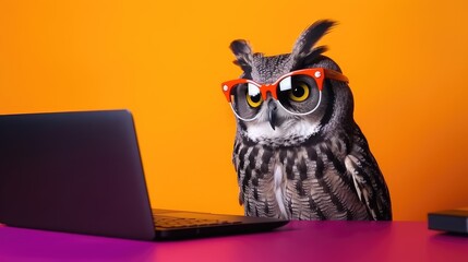 Cool owl working on laptop