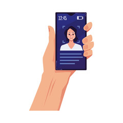 Vector illustration of the hand with the mobile phone shows the authorization program by the facial biometrics recognition system, isolated on white background