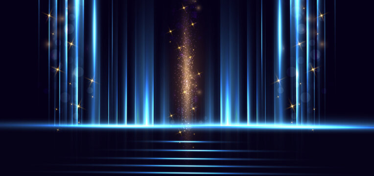 Abstract blue light stripe vertical lines light on dark blue background with gold lighting effect sparkle. Luxury template celebration award design.