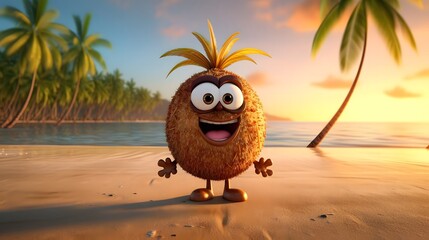 Cute coconut on the beach at sunset 3d render illustration. Summer cute landscape concept. Tropical sunset beach with palms. - obrazy, fototapety, plakaty