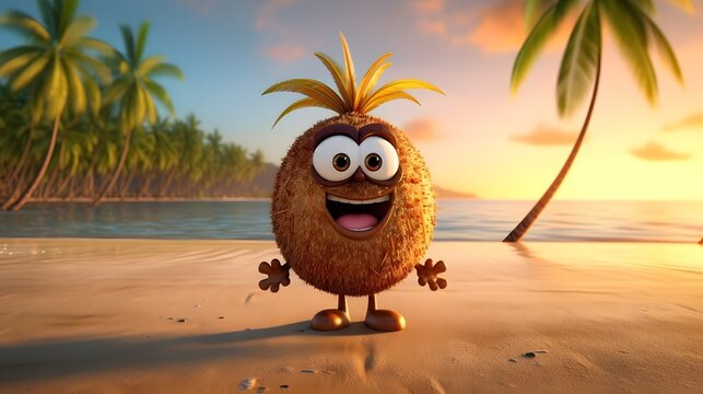 Cute coconut on the beach at sunset 3d render illustration. Summer cute landscape concept. Tropical sunset beach with palms.