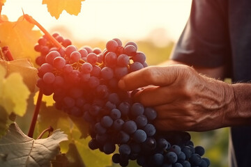 Close up of farmer hands picking up grapes in the vineyard. Generative AI