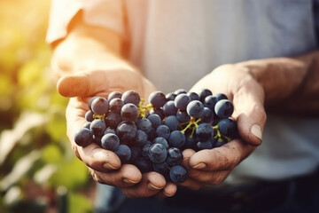 Close up of farmer hands picking up grapes in the vineyard. Generative AI