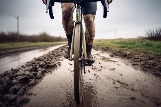 Riding road gravel bike in harsh weather conditions, Generative AI