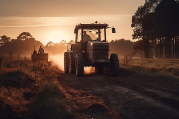 Fototapeta premium Aerial Drone View of Tractor Spraying Pesticides at Sunset. Generative AI