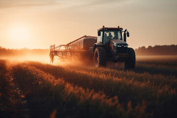 Obraz premium Aerial Drone View of Tractor Spraying Pesticides at Sunset. Generative AI