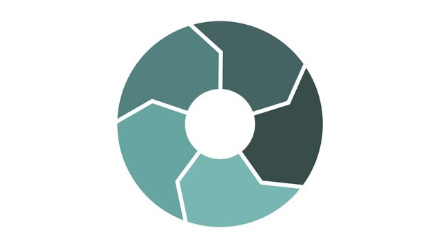 Lifecycle circulation icon with 5 arrows. Circle animation with five parts. Thick flat renew circle. Green color on white background.