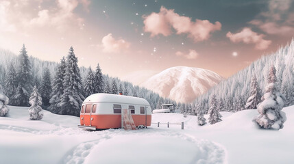 AI generative image about a travel and vintage van in a snowy forest landscape in a winter holidays travel 