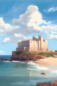 Burg auf einem Küstenfelsen am Mittelmeer (Generative AI, KI)