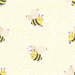 Seamless vector pattern. Cute bees in love. Bees with hearts. Background of twigs and dots 
