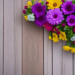 Beautiful flowers on a wooden background, A Wooden flooring against beautiful flowers garden. Generative AI
