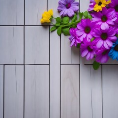 Beautiful flowers on a wooden background, A Wooden flooring against beautiful flowers garden. Generative AI