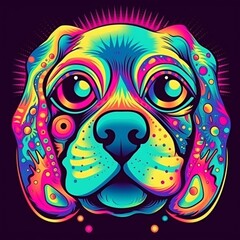 Psychedelic trippy dog cartoon 70s, rave style, acid color. Retrowave concept. Ai Generative