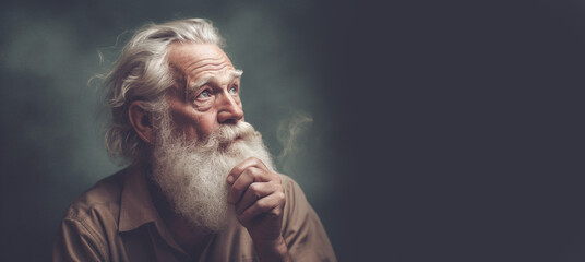 Old man busy thinking, while looking relaxed, isolated, banner with extended copy space in a neutral color. Developed with generative ai