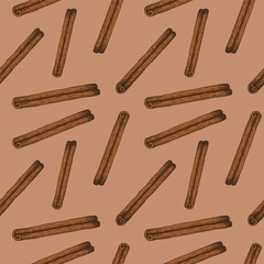 Cinnamon. Seamless pattern with cinnamon sticks bark. Repeating background with brown spice aromatic ingredient. For packaging, textile, print, template, card. Hand drawn ornament. illustration