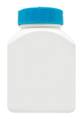 white plastic pill bottle with blue lid, isolated on transparent or white background, png, mockup