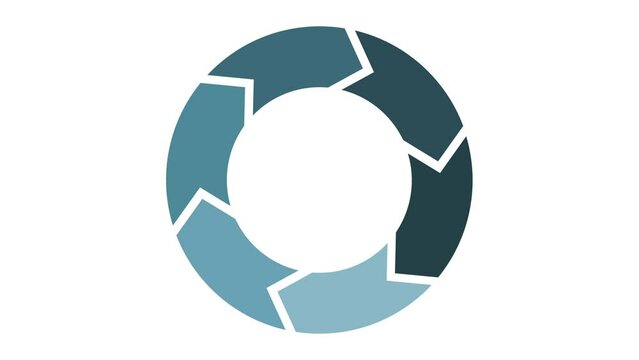 Circle diagram infographic spinning around animation. Rotation of cycle with 6 parts. Six arrows scheme. Blue color on white background.