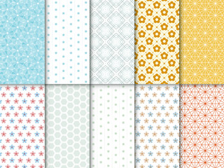 Set of minimal geometric seamless patterns, in different bright colors. Collection of backgrounds with abstract shapes of flowers, honeycomb, meshes, triangles and tangles