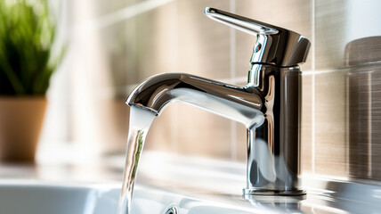Bathroom design fragment, water faucet and ceramic tiles, close-up