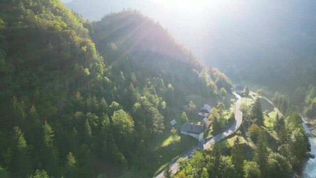 Aerial drone footage of sunrise over the Soca River in Slovenia