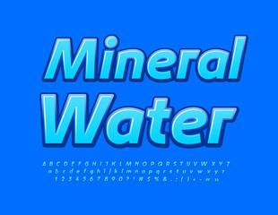 Vector advertising Emblem Mineral Water. Blue glossy Font. Artistic Alphabet Letters, Numbers and Symbols