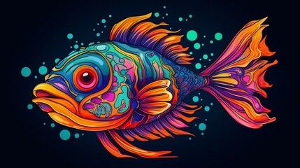 Obraz na płótnie Canvas Psychedelic trippy fish cartoon 70s, rave style, acid color. Retrowave concept. Ai Generative