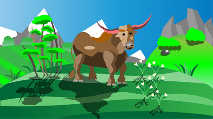 a cartoon bull in a clearing against a mountain backdrop