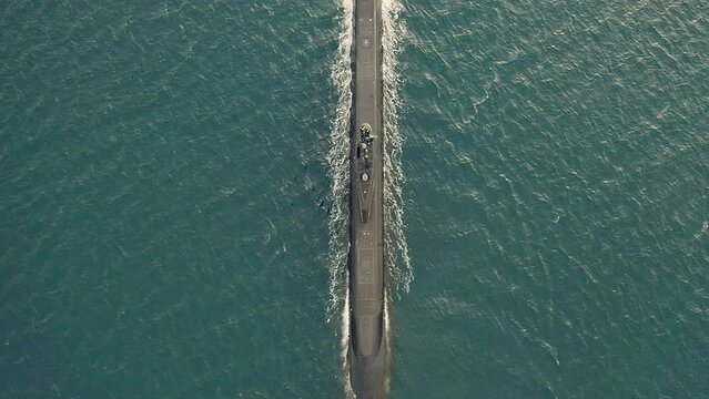 Aerial, submarine and transport on ocean, sea and travel for army, military and navy vessel. Drone of underwater marine boat, ship and steel fleet sailing for battle, armed forces and coastal defence