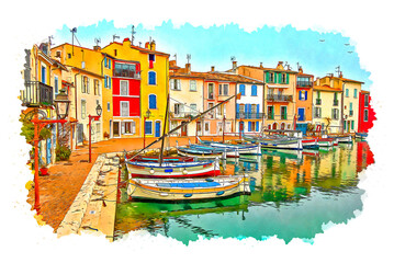 Colorful waterfront houses and the famous old port of Martigues, Provence, southern France, watercolor sketch illustration. - obrazy, fototapety, plakaty