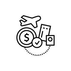 Accessible tourism line icon. Budget tourism. Inclusive travelling. Travel tours for disability people. Buying plane tickets. Tourism types concept. Isolated vector illustration. Editable stroke