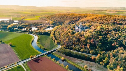 Aerial shot of Marienburg castle in Germany in autumn at sunset