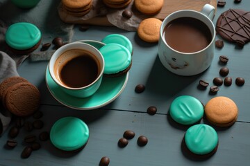 Obraz na płótnie Canvas Coffee and cookies on aqua background. Generative AI
