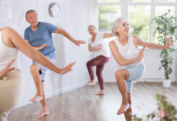 Obraz premium Group of happy mature sports women and man in activewear exercising dynamic dancing movemens in modern gym studio