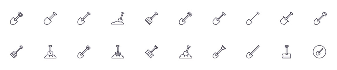 Shovel concept. Collection of modern high quality shovel line icons. Editable stroke. Premium linear symbol for web sites, flyers, banners, online shops and companies.