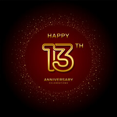 13th  anniversary logo design with a double line concept in gold color, logo vector template illustration