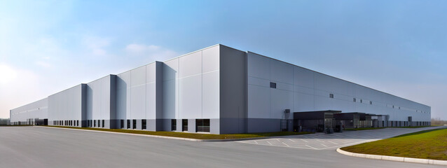AI generated logistics center, headquarters or large office under a blue sky. AI generated so has no ties with any real entities. New condition building, under a fair blue sky. Generative AI. 