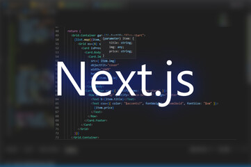 Next.js inscription against code background. Technology concept.Programming language, computer courses, training.