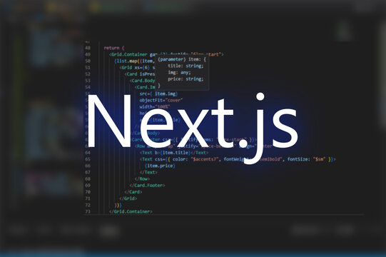 Next.js inscription against  code background. Technology concept.Programming language, computer courses, training.