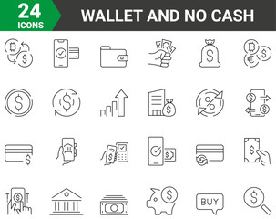 set of 24 vector line icons Receive money, Wallet and No cash icons. Payment message. money default. Editable stroke