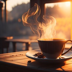 a cup full of hot coffee steaming at sunset cafe ambient created by Generative AI.