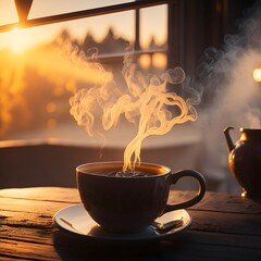 a cup full of hot coffee steaming at sunset cafe ambient created by Generative AI.