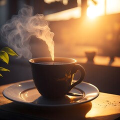 a cup full of hot coffee steaming at sunset cafe ambient created by Generative AI.