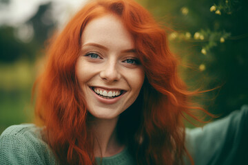 Red-haired woman looking at her mobile, green background