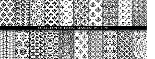 Geometric floral set of seamless patterns. White and black vector backgrounds. Damask graphic ornaments.