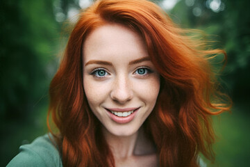 Fototapeta premium Red-haired woman looking at her mobile, green background